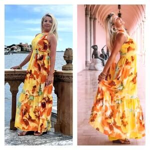NWT Yellow Floral Halter Neck Tiered Maxi Dress 10 Resort Tropical Maximalist